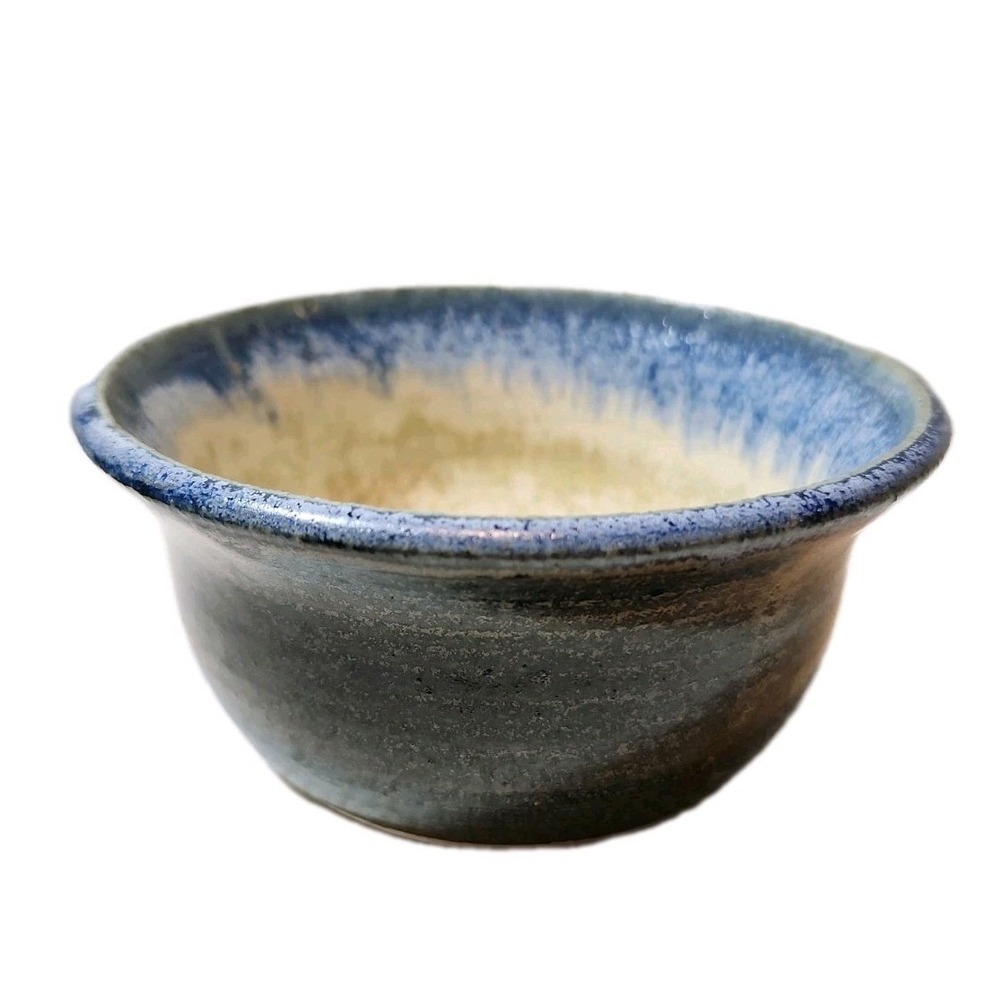 Small Studio Pottery Bowl Blue and Tan Artist Signed 4 3/4"